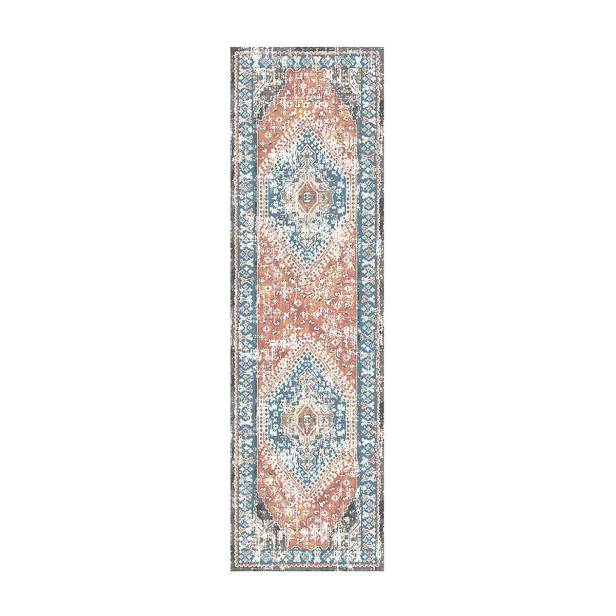 8' Teal Taupe and Rust Geometric Distressed Runner Rug With Fringe