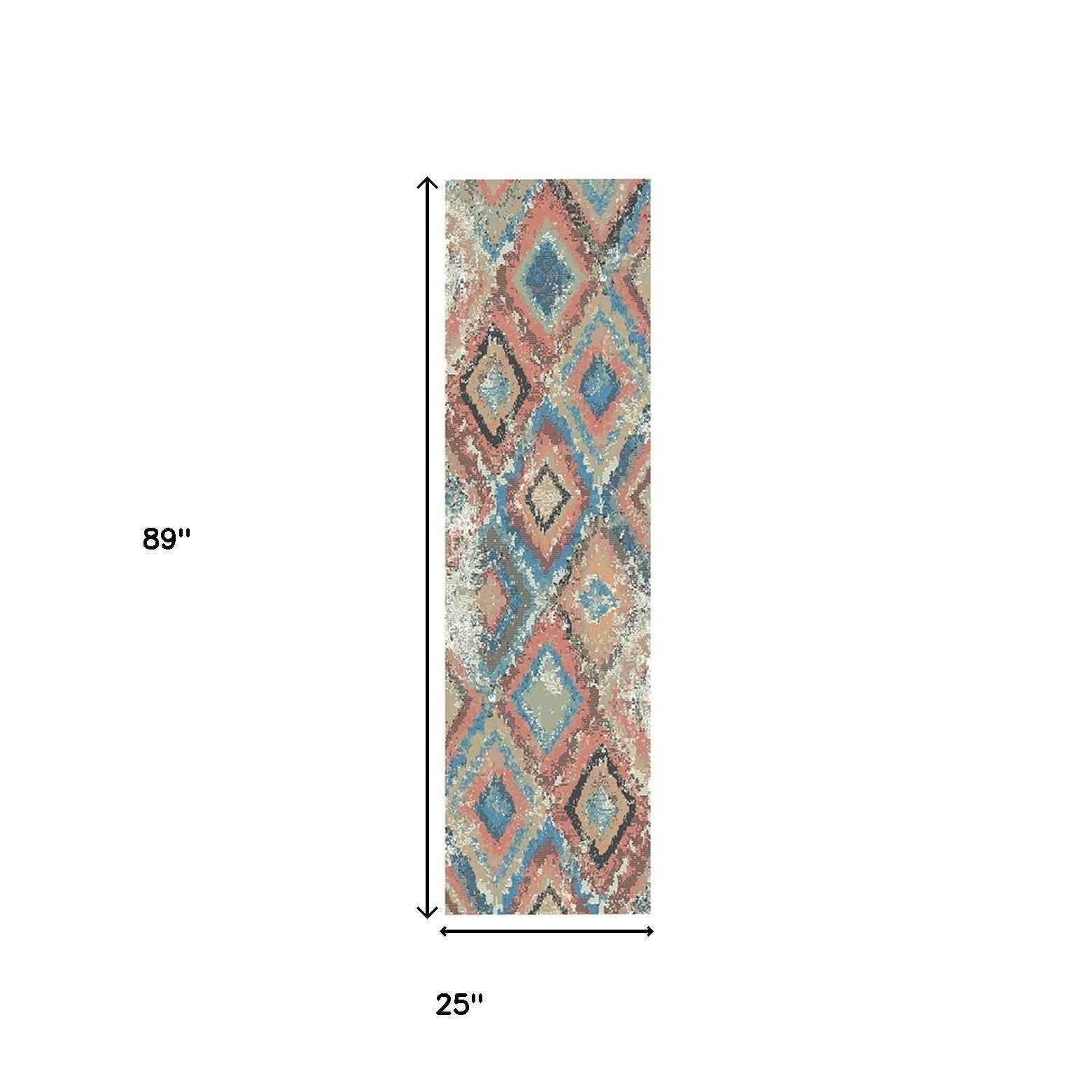 8' Blue Geometric Distressed Runner Rug With Fringe