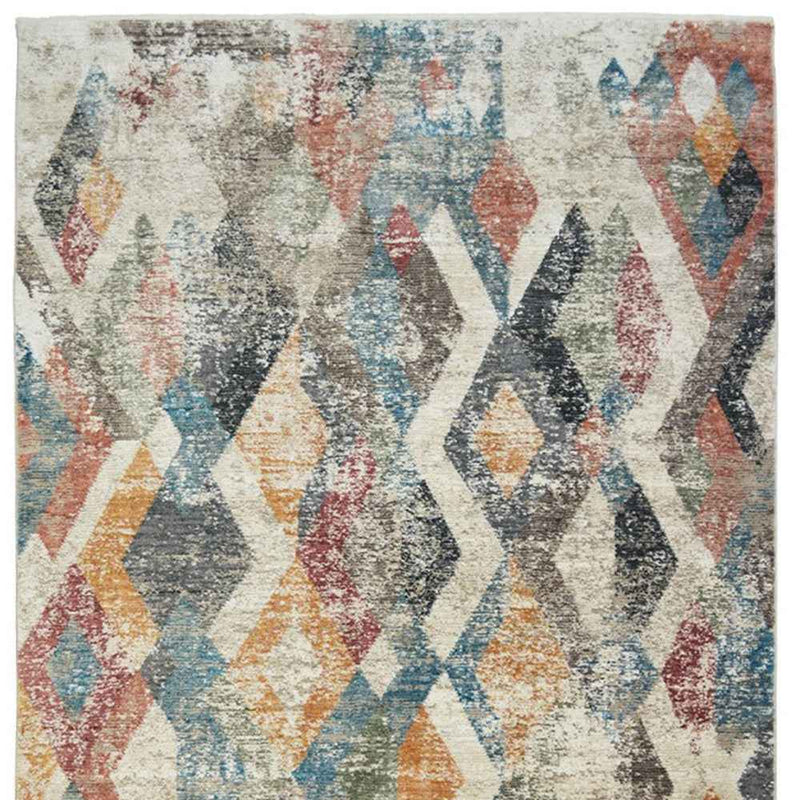 2' x 3' Beige Blue and Gray Geometric Distressed Area Rug With Fringe