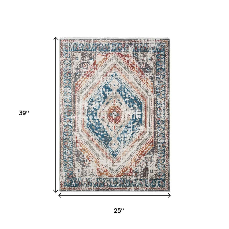 2' x 3' Teal Taupe and Rust Geometric Distressed Area Rug With Fringe