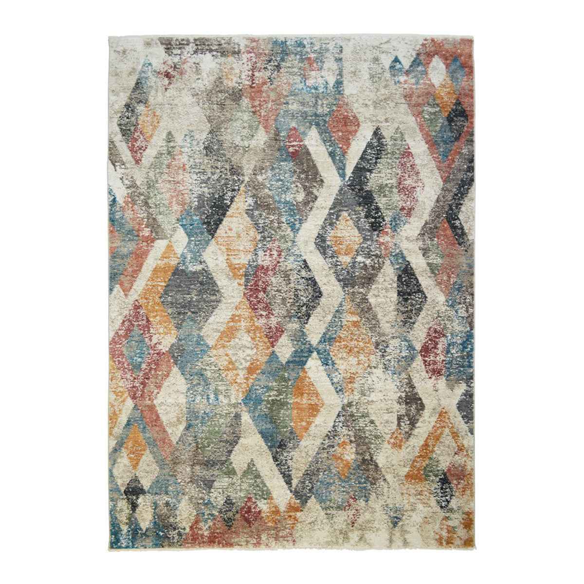 9' X 13' Beige Blue and Gray Geometric Distressed Area Rug With Fringe