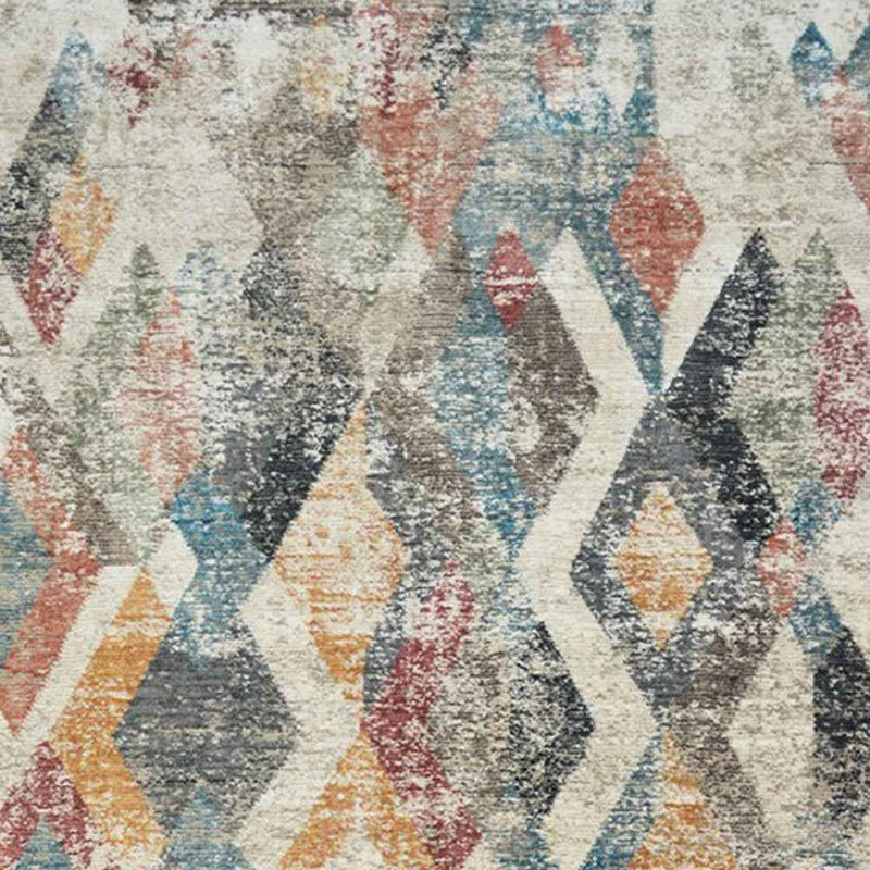 9' X 13' Beige Blue and Gray Geometric Distressed Area Rug With Fringe