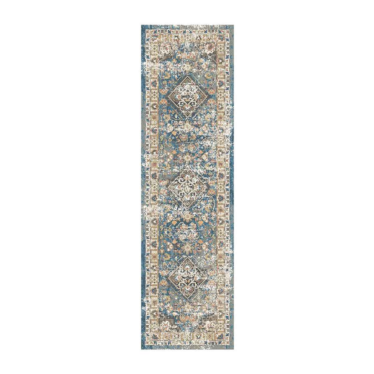 8' Blue and Brown Oriental Distressed Runner Rug With Fringe