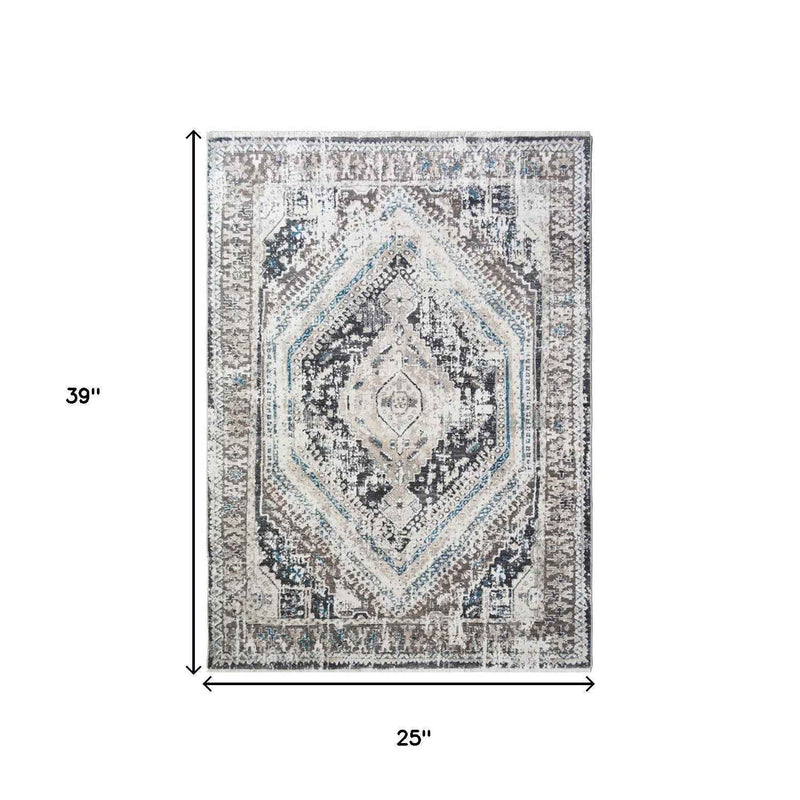 2' x 3' Gray Beige and Blue Geometric Distressed Area Rug With Fringe