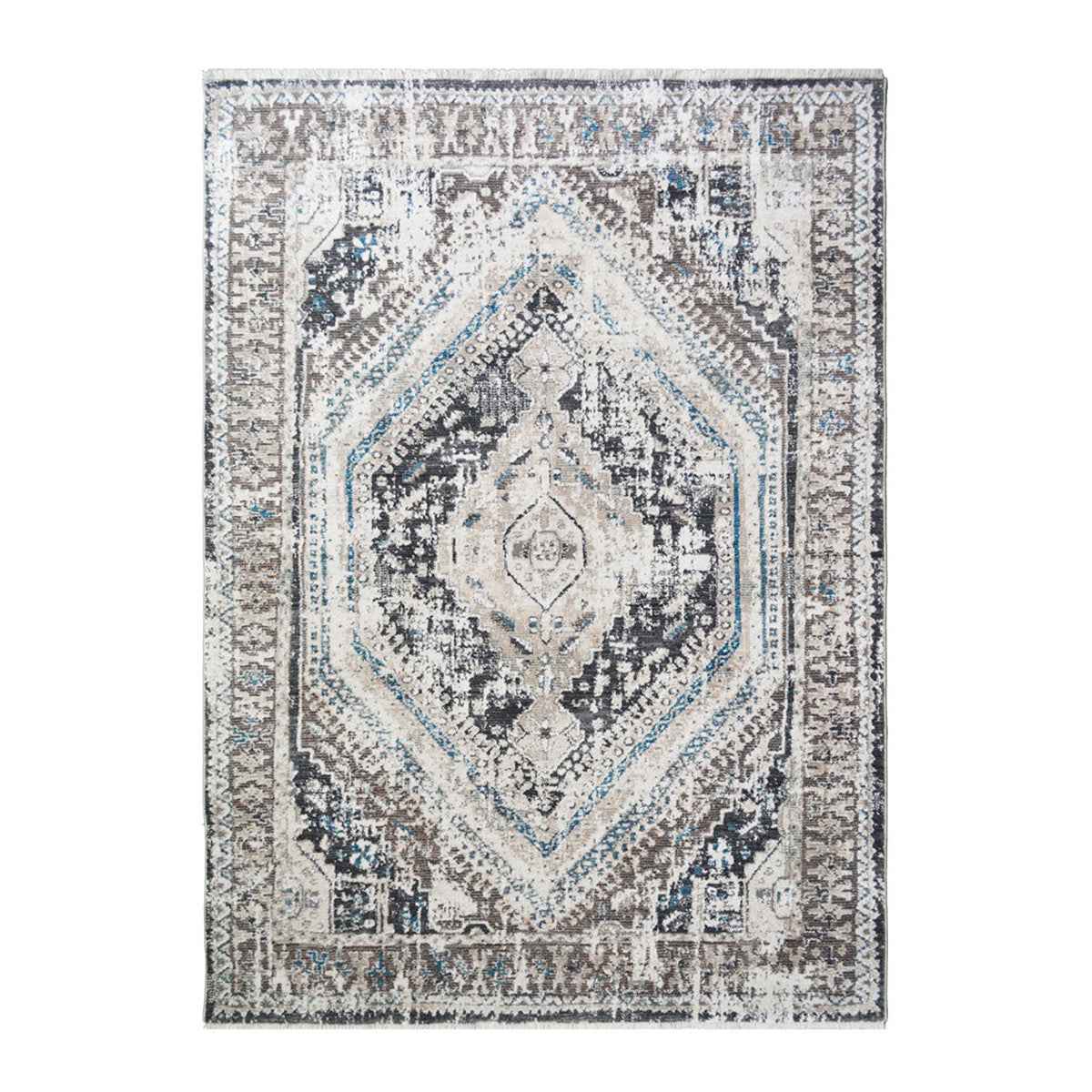 2' x 3' Gray Beige and Blue Geometric Distressed Area Rug With Fringe