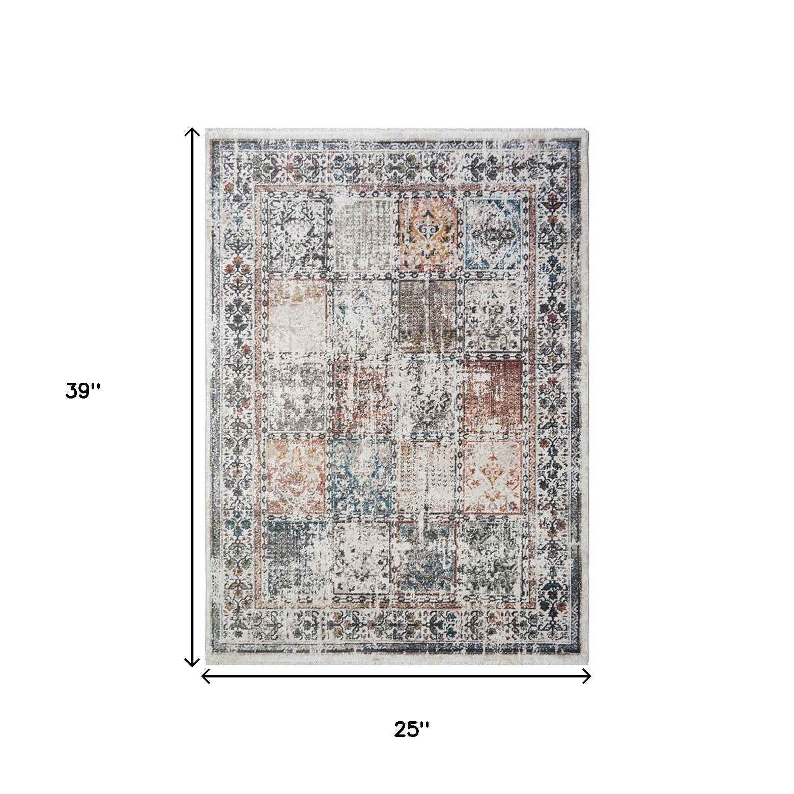 2' x 3' Ivory Blue and Gray Patchwork Distressed Area Rug With Fringe