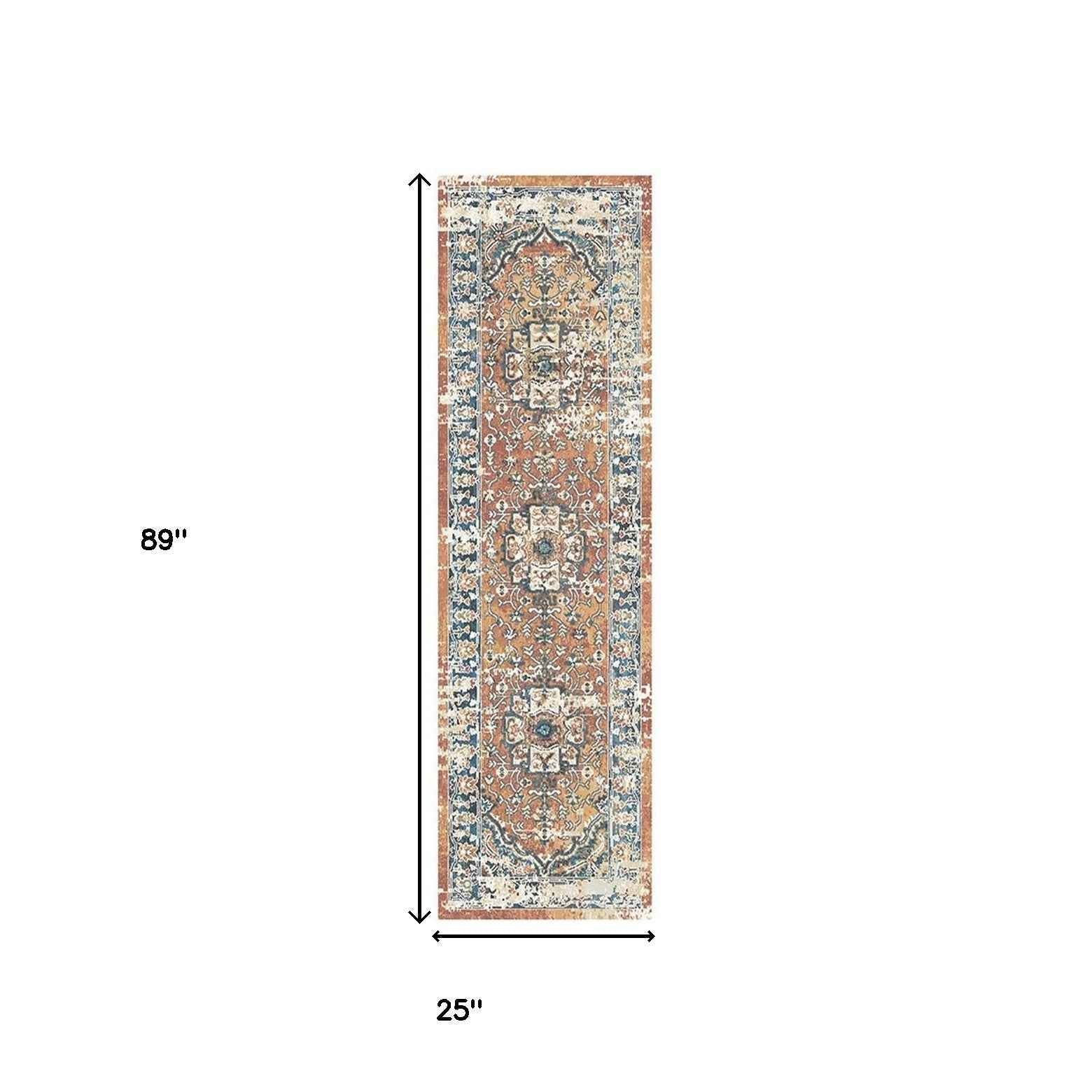 8' Rust Oriental Distressed Runner Rug With Fringe