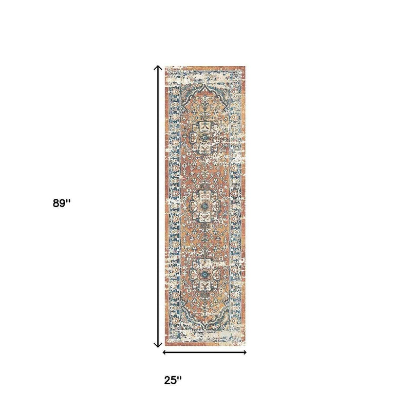 8' Rust Oriental Distressed Runner Rug With Fringe