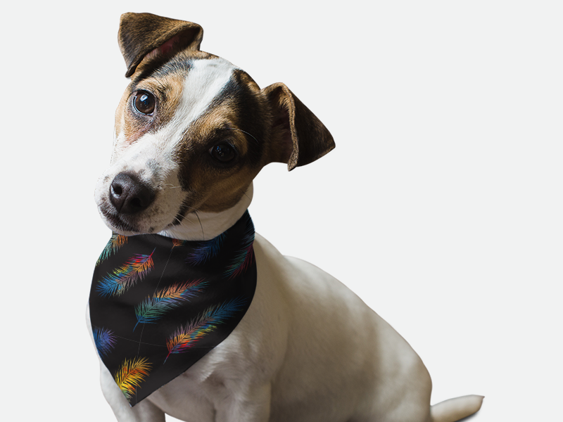 Dog bandana with dark blue feather pattern, triangular fit, with stitched edges