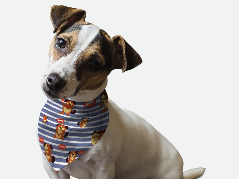 Dog bandana with blue-and-white stripes and colorful cartoon animal print