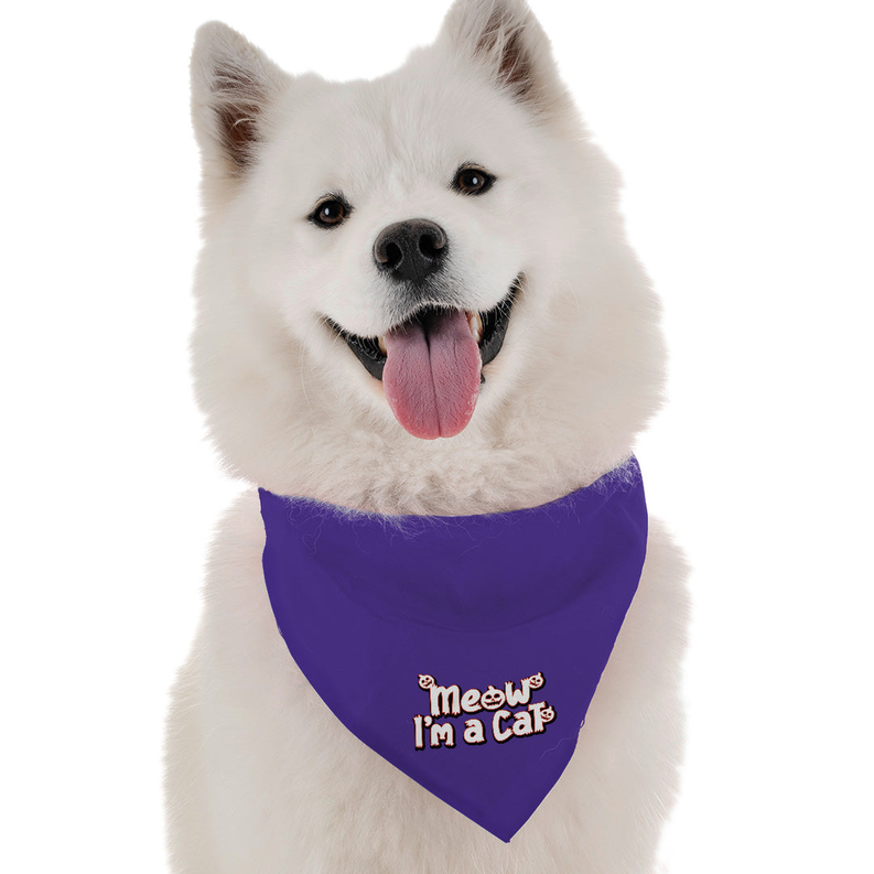 Purple pet bandana with cat graphic and 'Meow' slogan