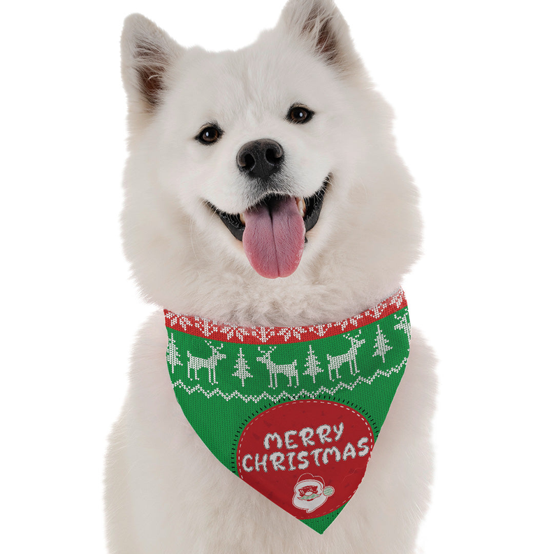 Green Christmas dog sweater with red yoke, “MERRY CHRISTMAS” text and Santa face