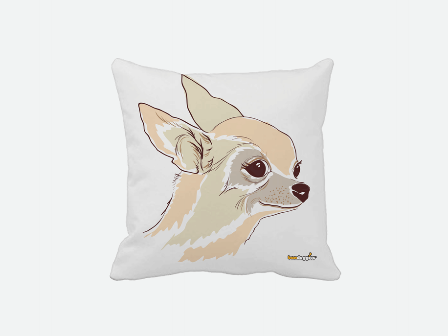 Chihuahua throw pillow with illustrated face on light background
