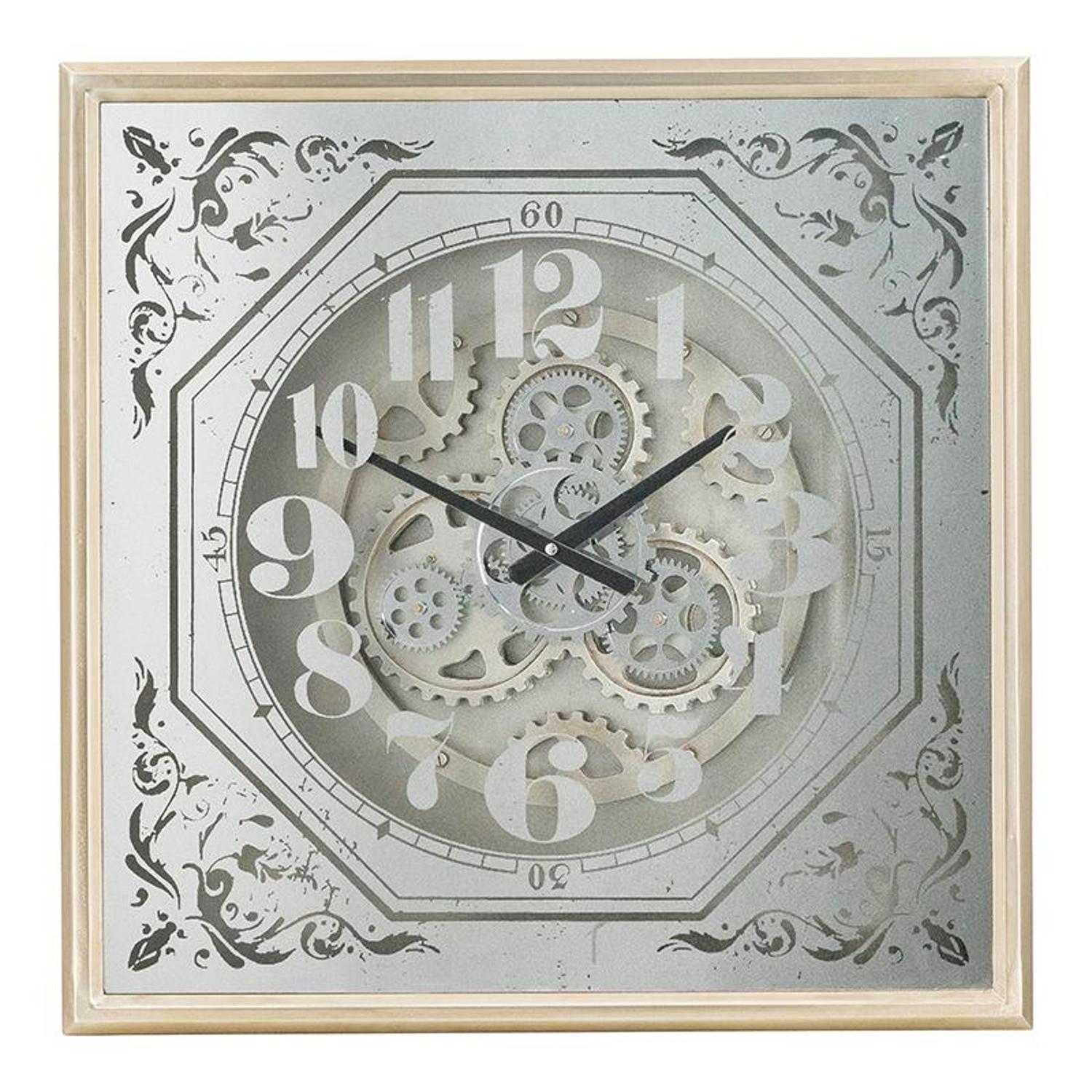 24" Square Gold and Silver Wood and Mirror Exposed Gear Wall Clock - Home Decor