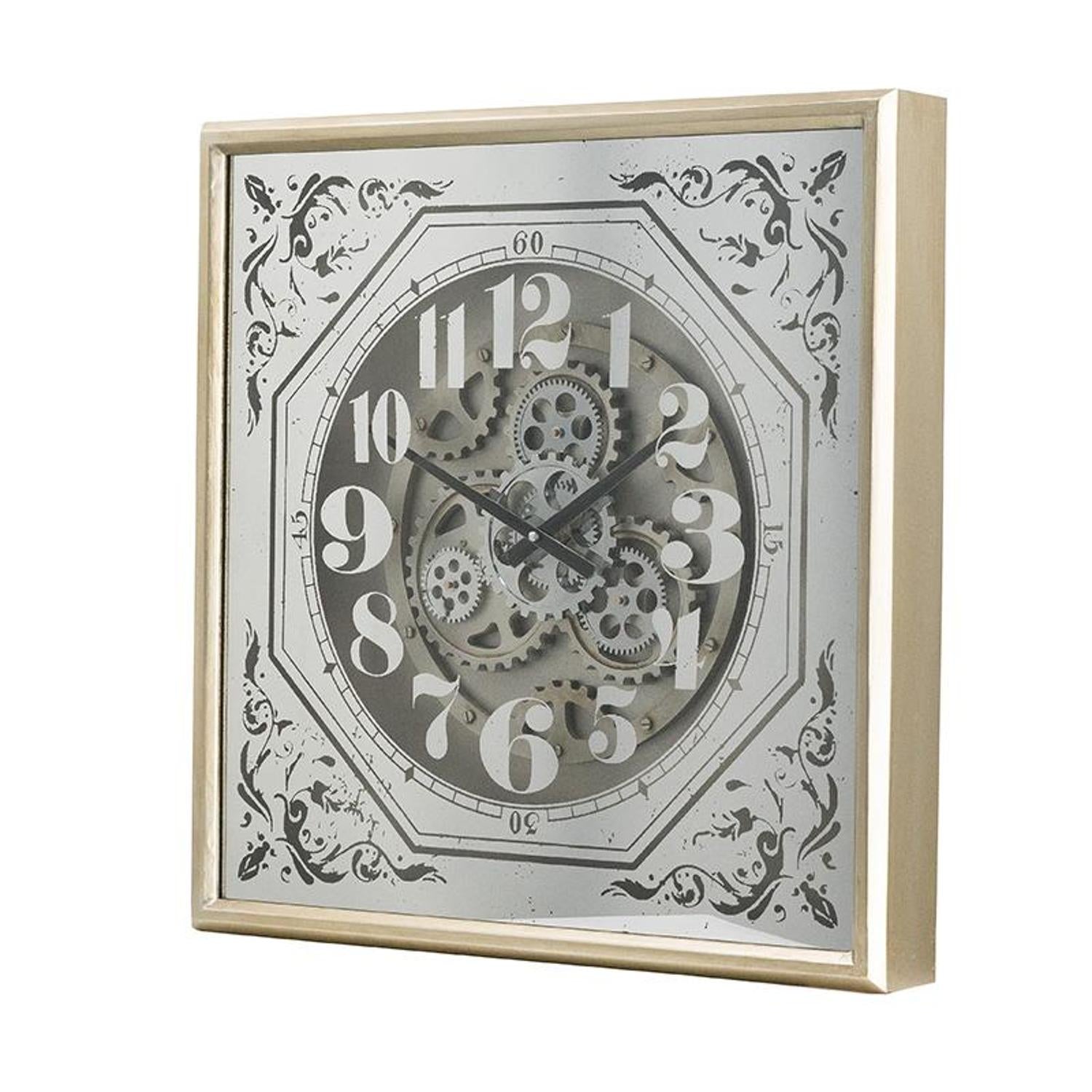 24" Square Gold and Silver Wood and Mirror Exposed Gear Wall Clock - Home Decor