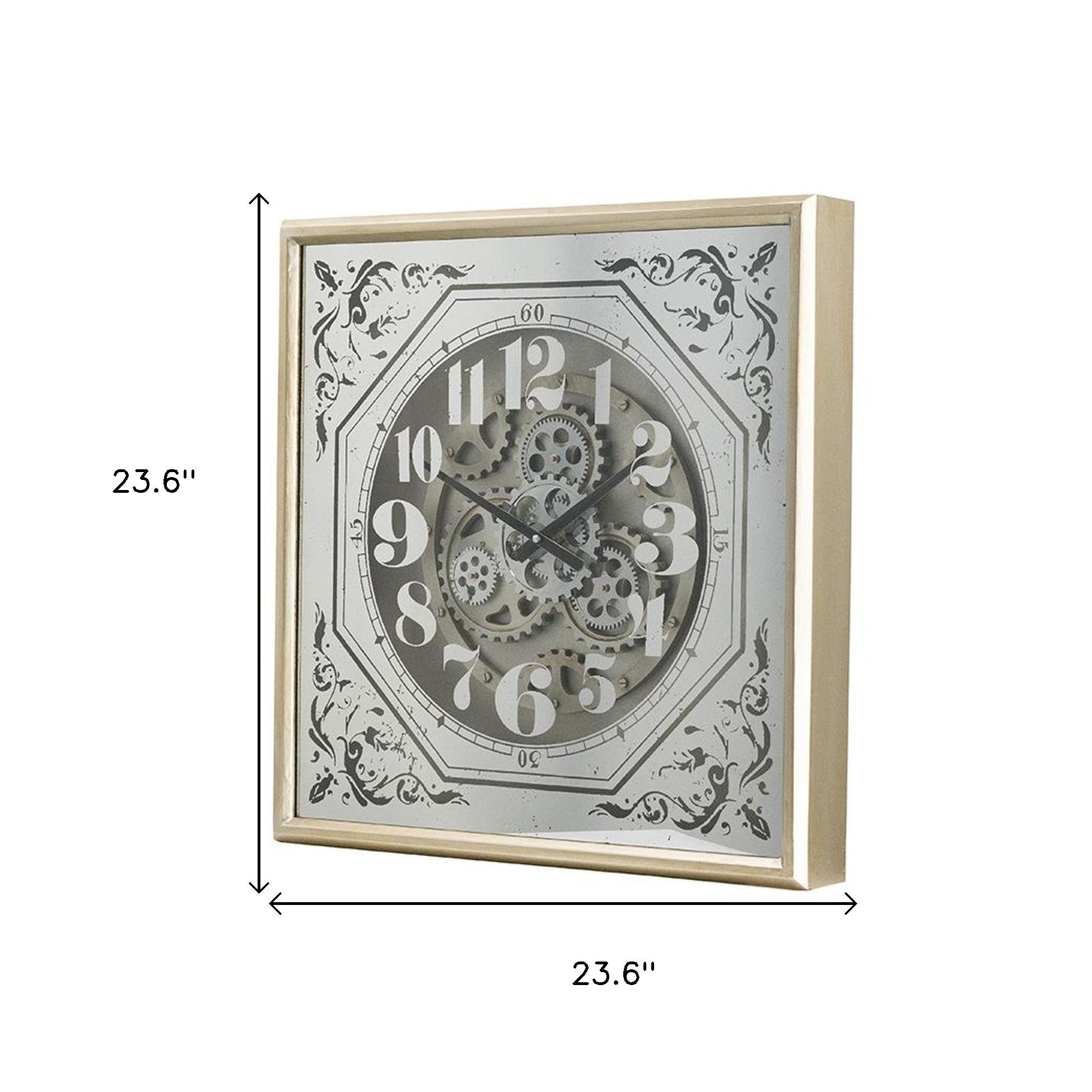 24" Square Gold and Silver Wood and Mirror Exposed Gear Wall Clock - Home Decor