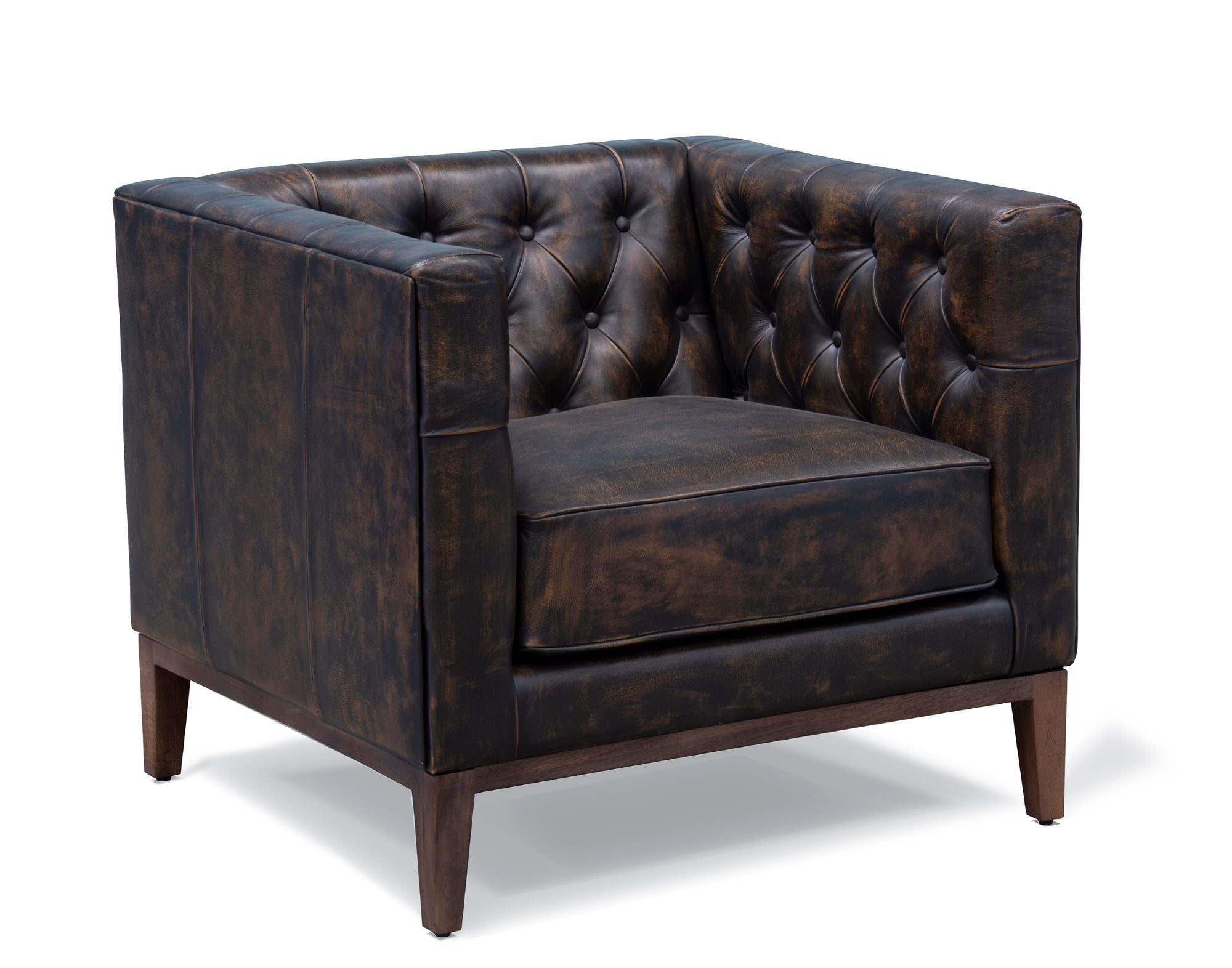 33" Brown and Black Antiqued Top Grain Leather Tufted Club Chair