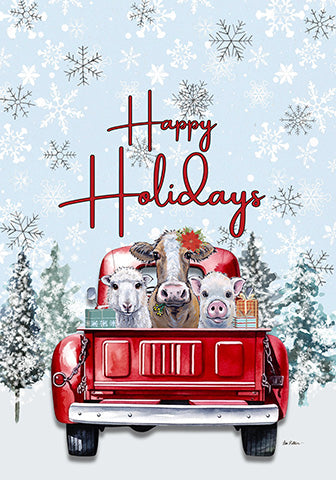 Happy Holidays garden flag with farm animals on a red truck