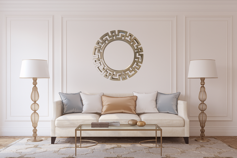 Bronze decorative round wall mirror with Greek-key detailing and reflective glass center