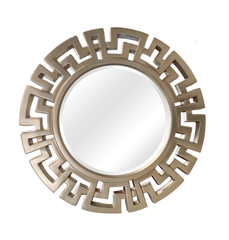 Round wall mirror with bronze Greek-key frame and beveled reflective glass center