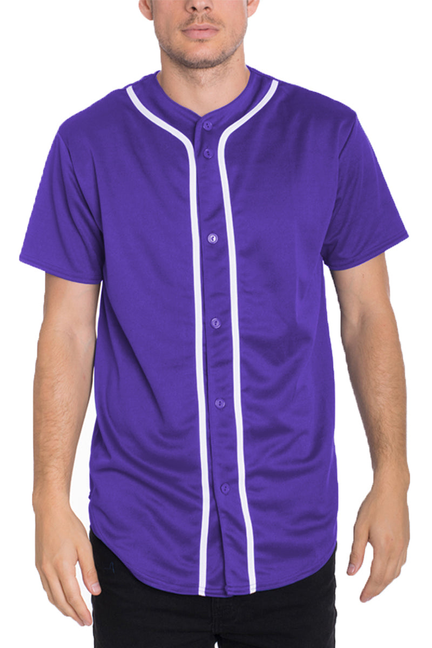 Purple baseball jersey with white button placket and contrast white side stripe