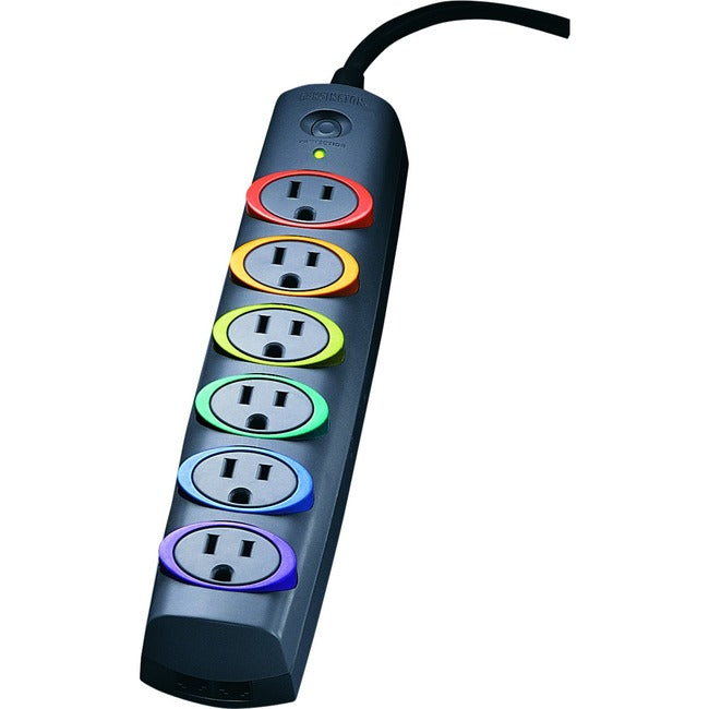 Kensington® SmartSockets® Surge Strip, 370 Joules, 6' Cord, 6 Power & 1 Phone Outlet, Color Coded - GreatEagleInc
