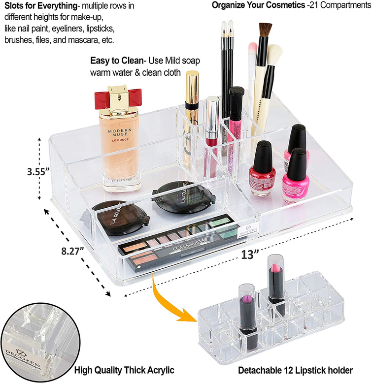 Clear acrylic makeup and jewelry organizer with 21 slots and removable lipstick holder