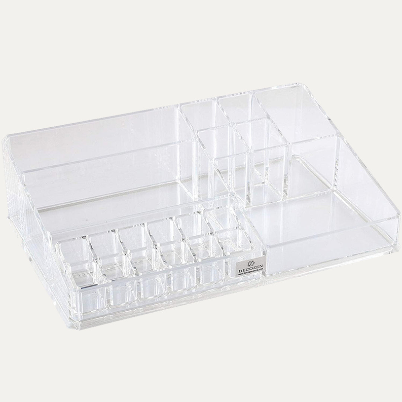 Clear acrylic organizer tray with divided compartments for cosmetics or jewelry, 21 slots