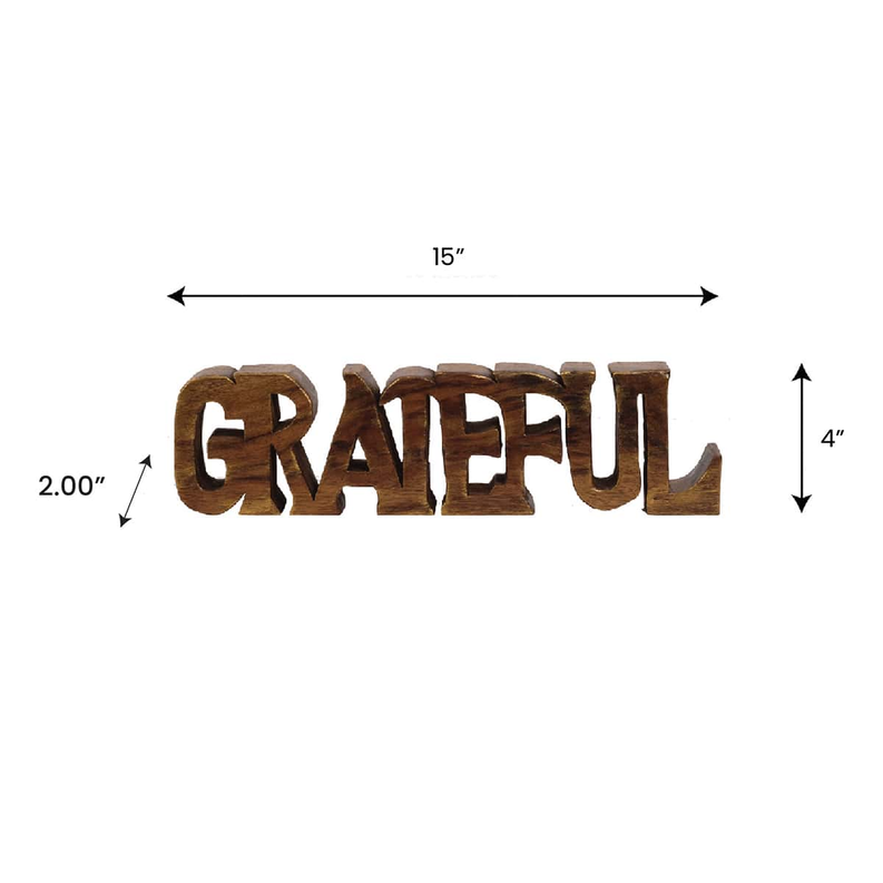 Wooden GRATEFUL letter sculpture with size measurements shown