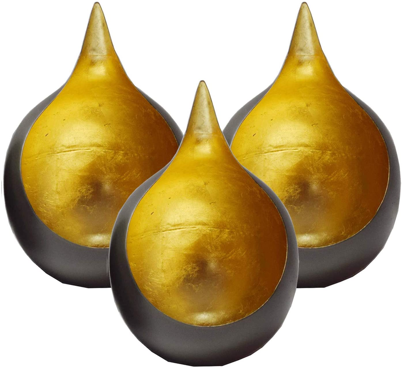 Set of three gold teardrop tea-light candle holders with dark outer bases