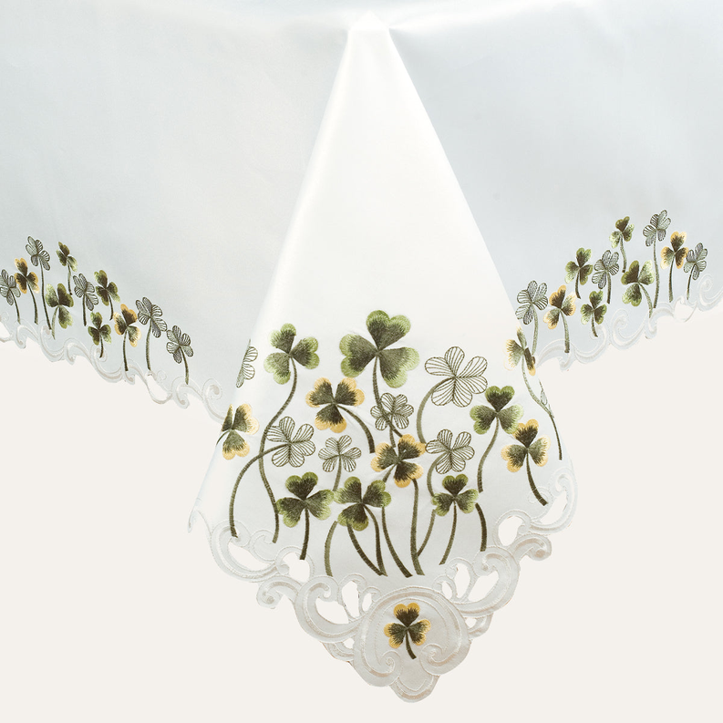 Ivory table cover with clover floral embroidery and scalloped lace edge
