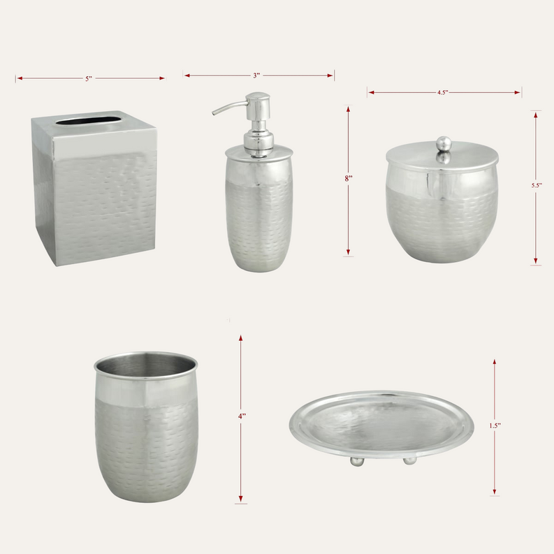 Set of 5 brushed metal bathroom accessories shown with size measurements