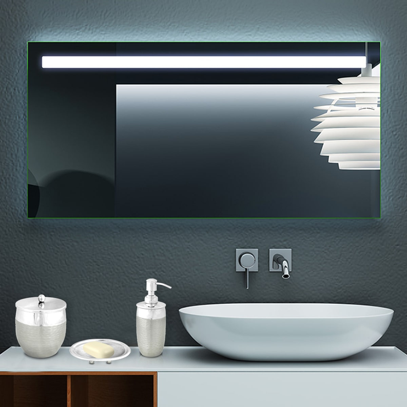 Brushed metal countertop bathroom accessories: soap dispenser, cups, and lidded canister