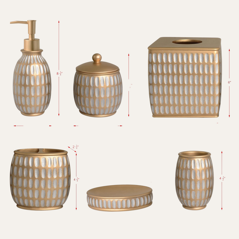 Bathroom accessory set size chart showing beige ceramic pieces with gold lids