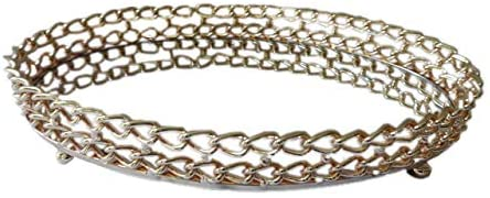 Oval glass serving tray with gold chain-link rim and ring accents, close-up view.