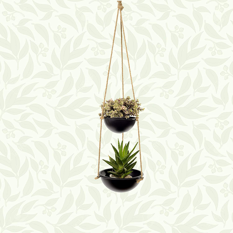 Two-tier hanging planter with two black pots, rope hangers, flowers and green succulent