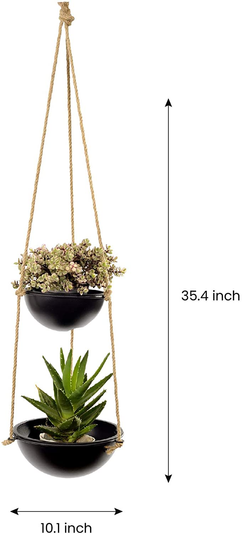 Two-tier hanging planter, 35.4 in tall, 10.1 in wide; two black pots on rope