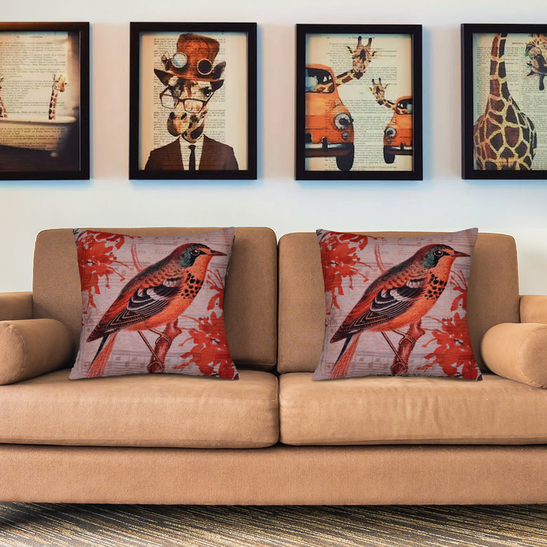 Set of two bird-pattern pillow covers with red orange bird designs on beige