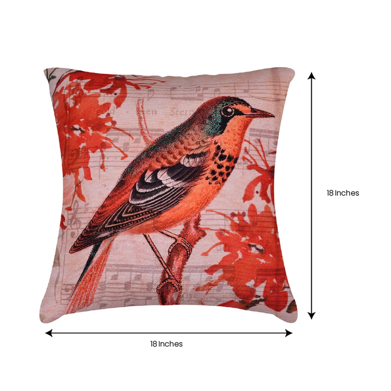Bird-pattern pillow cover size chart, 18 in x 18 in, red orange bird