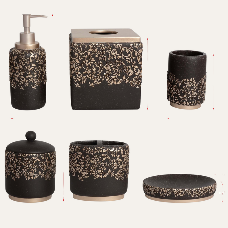 6-piece bathroom accessory set with black textured floral holders and tissue box