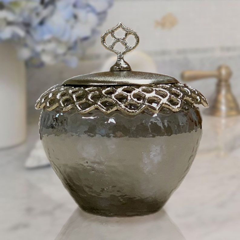 Elegant cotton ball container, textured dark glass jar with decorative metal lid finial