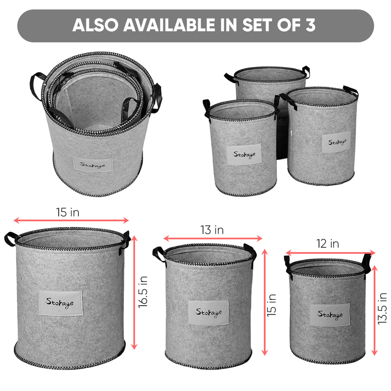 Felt storage bin set of 3 with “Storage” labels and size measurements in inches.