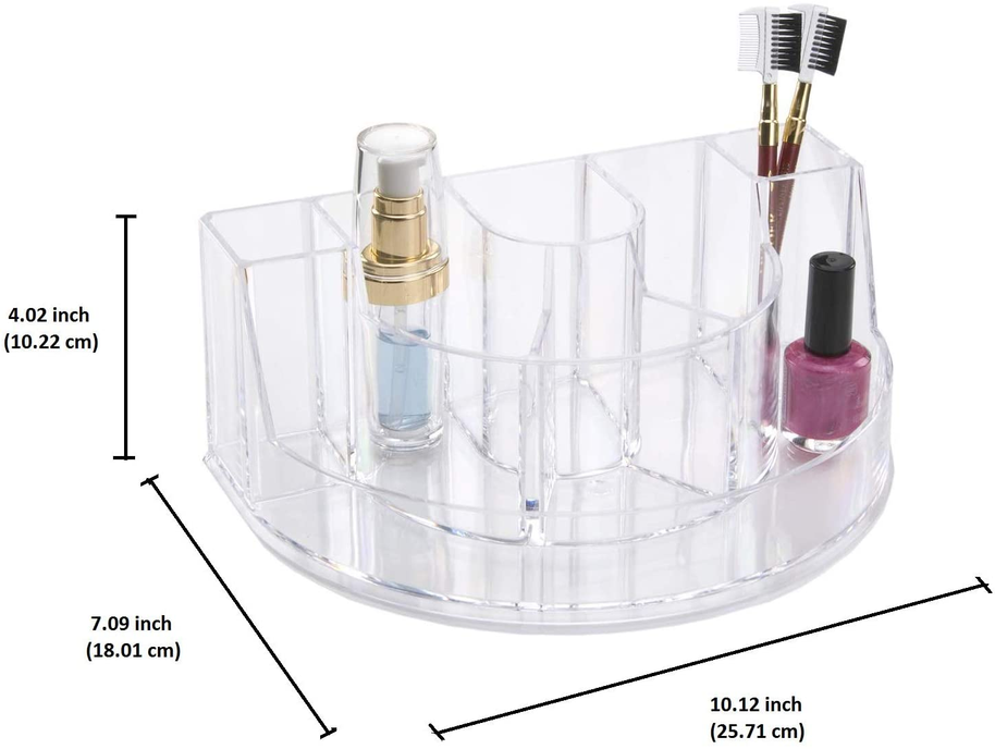 Clear makeup organizer tray with 7 slots; 10.12 in wide and 4.02 in tall