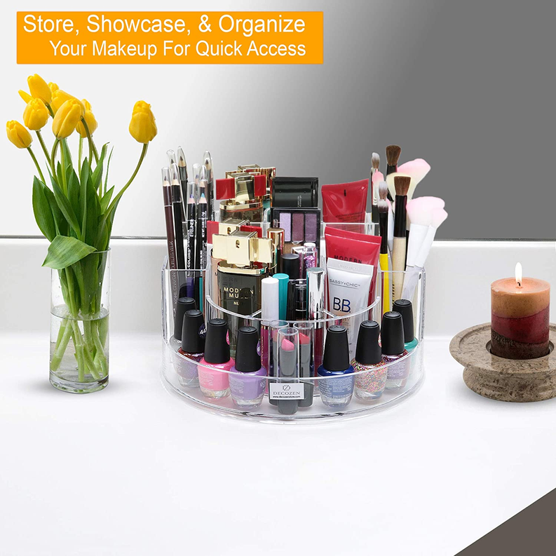 Clear acrylic 7-slot makeup organizer tray on a tabletop