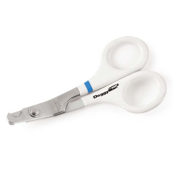 Angled nail clippers with white handles, blue stripe, and silver cutting blades