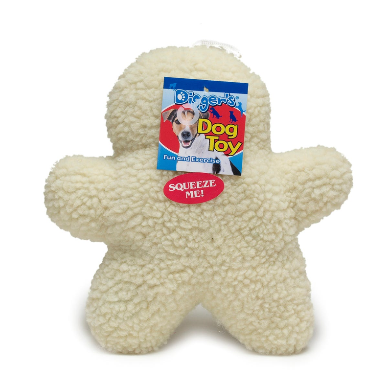Cream fuzzy plush dog toy with brand tag, squeaker-style design