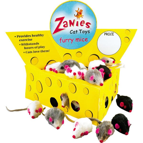 Yellow plush cat toy cheese wedge display box with furry mice, Zanies logo