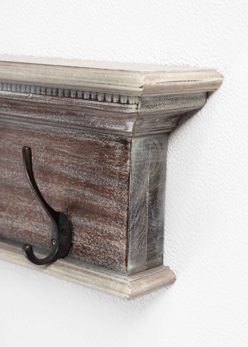 28" Brown Solid Wood Four Hook Wall Mount Coat Rack