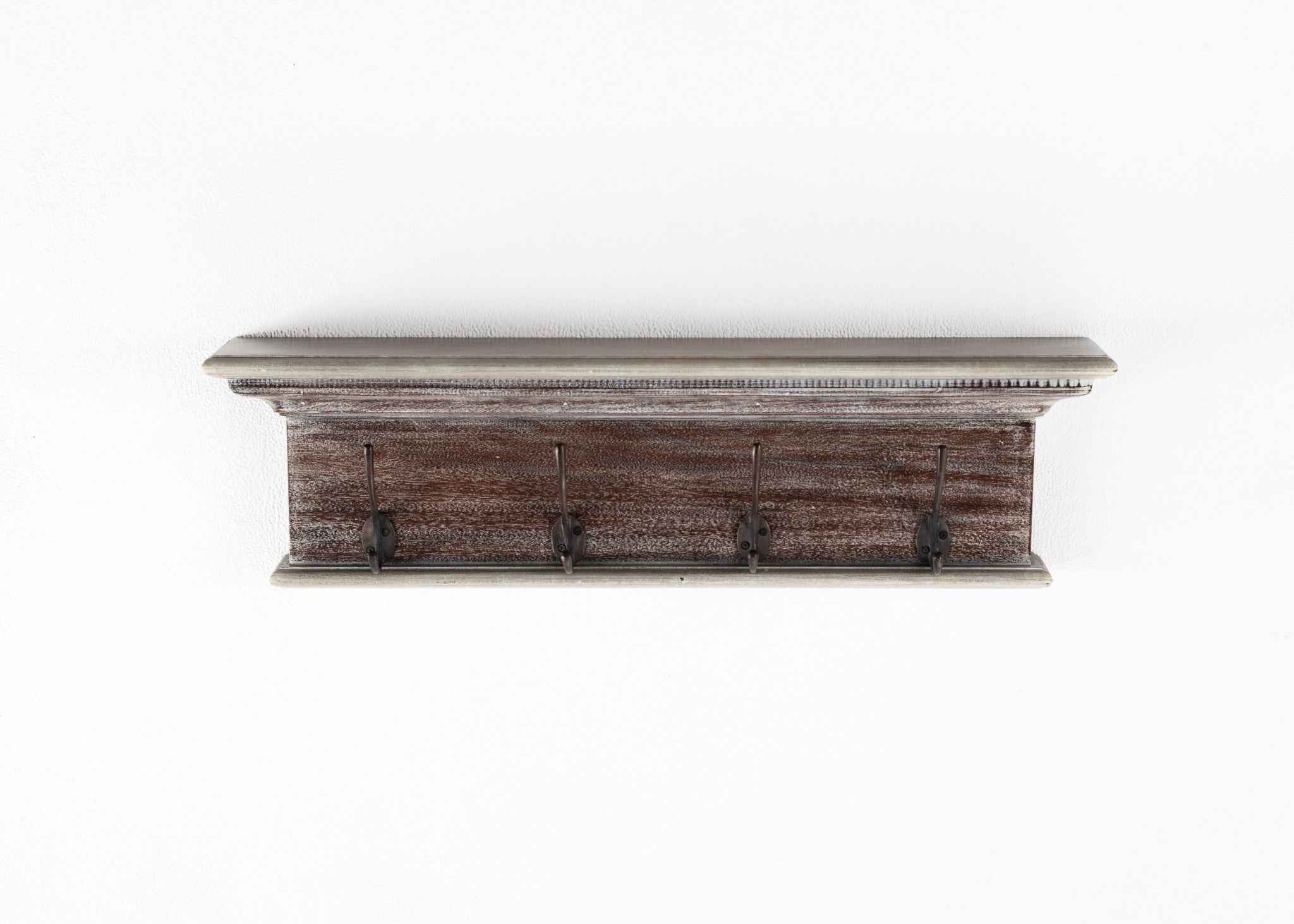 28" Brown Solid Wood Four Hook Wall Mount Coat Rack