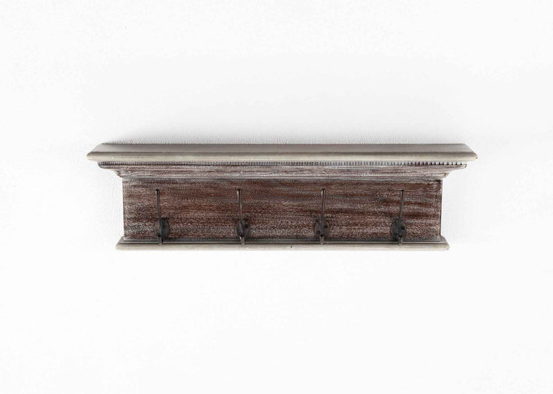 28" Brown Solid Wood Four Hook Wall Mount Coat Rack